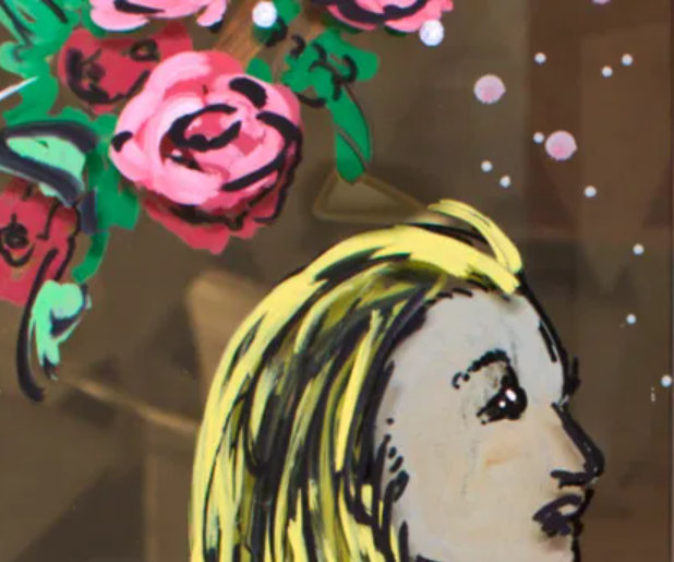 Close-up of the area above Alice's head. Selective Editing has been used to remove the chrominance of the yellow flag. The yellow flag is now a brown-yellow flag, with a jarring stroke effect.