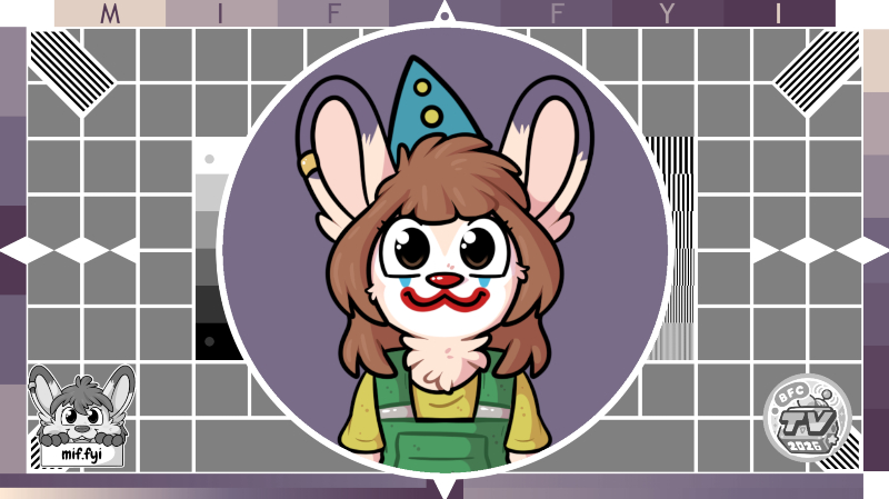 Miffy is at the centre of a pink-purple broadcast test card. The mif.fyi sticker is at the bottom left and the BFC TV 2026 sticker is at the bottom right. Miffy is wearing makeup and clothes to look like Bubbles the Clown: a toy clown that featured on UK broadcasting test cards for decades.